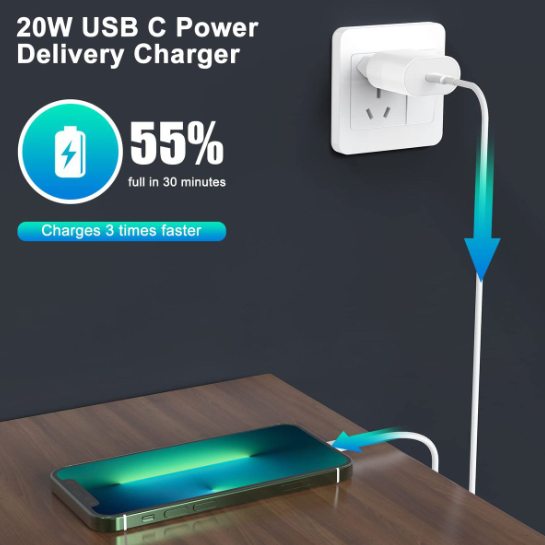 20W PD Fast Charger For iPhone with USB-C to Lightning Cable