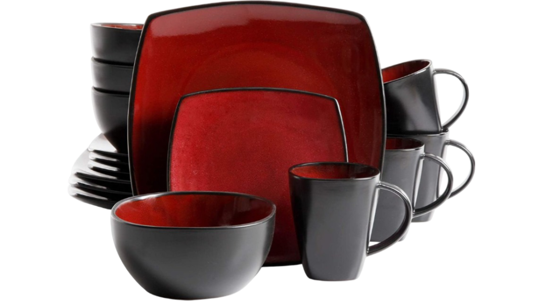 Square Ceramic Dinner Set 16 Pieces - Red And Black Set