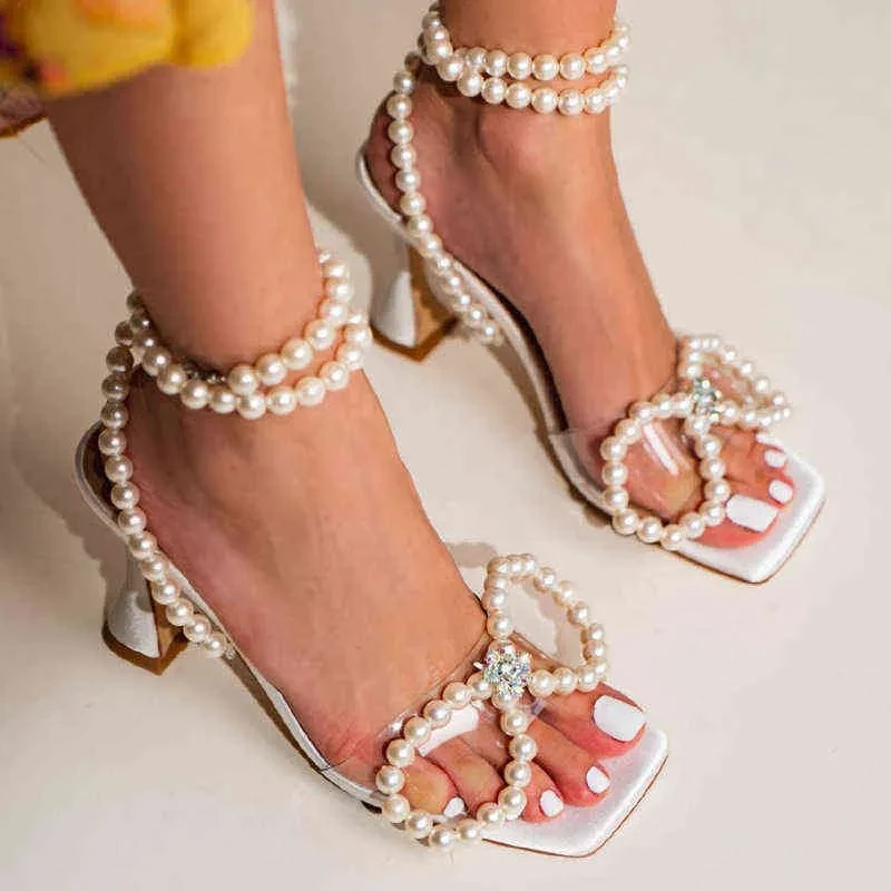 Pearl bow diamond high-heeled sandals