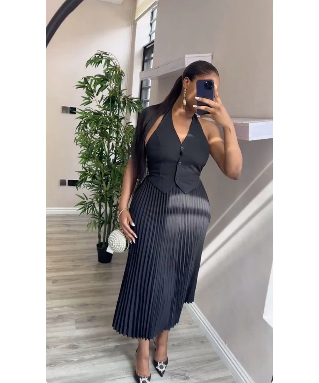 Summer Elegant Casual Backless Pleated Skirt Two Piece Set